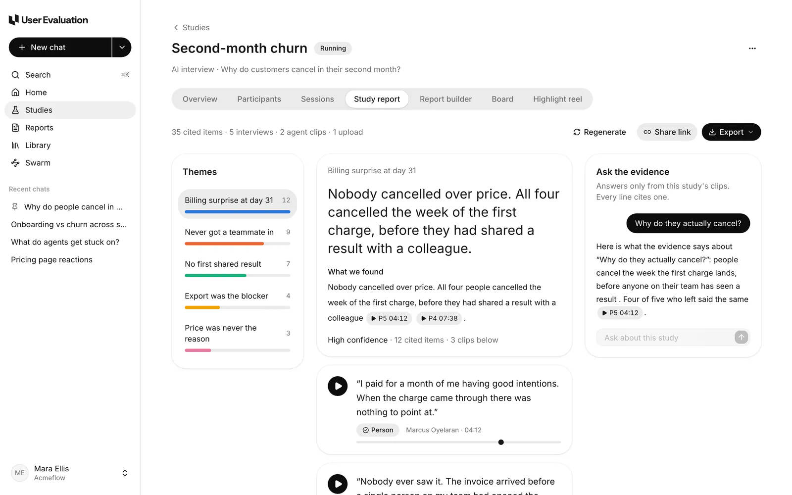 A study report with themes on the left and cited claims on the right